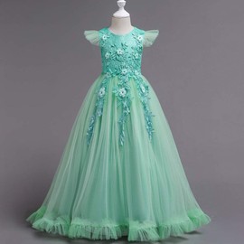 Big Little Girl Princess Embroidery Flower Lace Long A Line Pageant Dress Kids Floor Length Prom First Holy Communion Bowknot Dress Puffy Tulle Maxi Ball Gown for Wedding Party Birthday Green 3-4