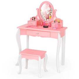 KOTEK Kids Vanity Set w/Mirror and Stool, 2 in 1 Wooden Princess Makeup Dressing Table w/ 360° Rotating Mirror, Detachable Top & Storage Drawers, Pretend Play Vanity Table Set for Girls (Pink)