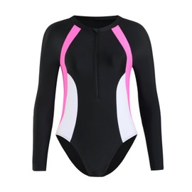 Xumplo Swimming Costume Girls One Piece Long Sleeve Swimsuits Teens Color Block Zipper Swimwear Kids Bathing Suit 8-9 Years