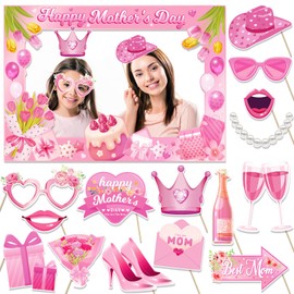 HOWAF Mother’s Day Photo Booth Props Kit, 1 Happy Mother Day Photo Booth Frame with 15pcs Mothers Day Selfie Props Kit, I Love You Mom Photo Props for Mothers Day Decoration Mother’s Day Cutouts
