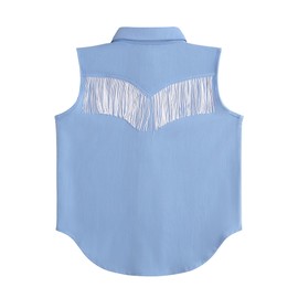 Girls Fringe Shirt Sleeveless Button Down Western Cowgirl Tassel Trim Casual Blouse Shirt Top, 12-13Y, Blue