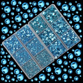 10000Pcs 2-Boxes Mixed Size Hot Fix Round Crystals Gems Glass Stones Hotfix Flat Back Rhinestones with Tweezers and Picking Pencil (Aquamarine)