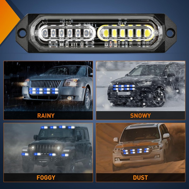 Nilight 8PCS Led Strobe Lights 12LED Blue White Emergency Light