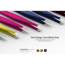 Suvorna 4" Precision Aligned Professional Tweezers Color Sets with Premium Stainless Steel. One Sharp Pointed Pair and One Slant Tip Pair for Eyebrow Shaping. Great for Ingrown Hair. Easy Care Set. (Black)