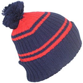 Best Winter Hats Quality Striped Beanie with Solid Cuff & Matching Pom - Navy/Red
