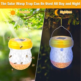 Wasp Traps Outdoor Hanging, Yellow Jacket Wasp Catcher for Trapping Hornet, Non-Toxic Reusable Wasp Catcher for Outdoors Trapping Wasp, Wasp Trap Solar Power Outdoor with LED Light,2P-Yellow