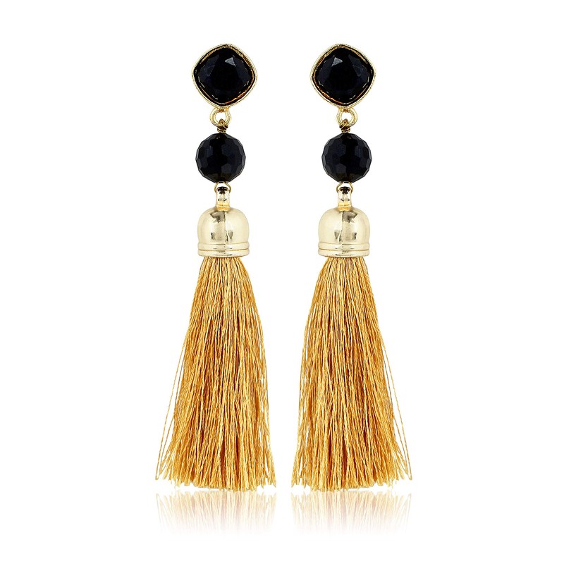 Moonstruck Women Gold Tassel Dangle Earrings With Black Stone for
