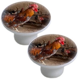 Set of 2 Rooster and Chickens Ceramic Cabinet Drawer Knobs