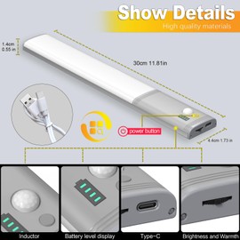 Under Cabinet Lights,40 Led Motion Sensor Cabinet Light,3 Color Temps,2 Packs Dimmable Under Cabinet Lighting, 2500mAh Rechargeable Wireless Closet Lights Night Light for Wardrobe,Stair, Kitchen