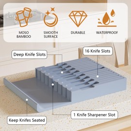 Domax Bamboo In-drawer Knife Block - Knife Drawer Organizer Insert Large Handle Steak Knife Holder, Kitchen Drawer Knife Organizer Fits for 16 knives and 1 Sharpening Steel (Not Included), Gray