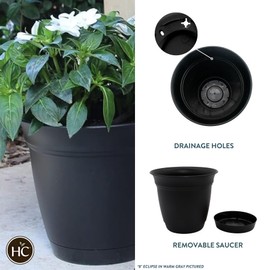 The HC Companies Eclipse Round Planter with Saucer - Outdoor & Indoor Plant Pot with Drainage Holes - Lightweight, UV-Resistant Plastic Pots for Plants, Flowers & Herbs (16" Black, Pack of 1)