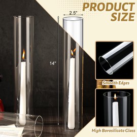 Treela 6 Pcs 2.5" W x 14" H Hurricane Candle Holder Sleeve Bottomless Glass Cylinder Candleholder Sleeve Tall Candle Glass Cover Clear Open Ended Shade Chimney Tube Cover for Pillar Taper Lamp