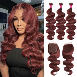10A Bundles with Closure Human Hair Brazilian Body Wave Bundles and Closure 18 20 22+18 free, 33B Reddish Brown Bundles Human Hair with Closure Cooper Red Body Wave Bundles