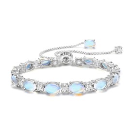 Cacupol Adjustable Birthstone Gem Tennis Bracelet for Women, 925 Sterling Silver Plated with White Gold Chain, 5.5"-8.5"(Adjustable), Sterling Silver, created moonstone