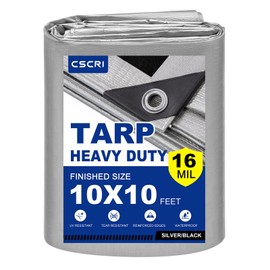 CSCRI 10x10 Feet 16Mil Tarps with Rustproof Grommets and Reinforced Edges, Heavy Duty Tarp Waterproof, UV, Snow Multipurpose Tarpaulin Cover for Canopy Tent, Roof, Camping, Woodpile (Silver/Black)