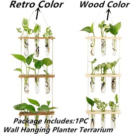Hoemastot Wall Hanging Planter Terrarium with Wooden Stand, 3 Tiered Mini Test Tube Flower Vases Retro Hanging Glass Planter Propagator for Hydroponic Plants Cutting - 9 Test Tubes (Wood Color)