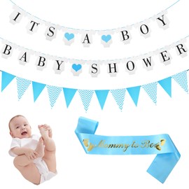 Blue Baby Shower Decorations Boy, Baby Shower Banner "IT’S A BOY" blue Bunting Banner "Mammy to Be" Shoulder Strap for Mom Small Bunting with The Shape of The Clothes Strap for Gender Reveal Party