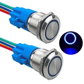 Aiqeer 2 Pcs 19 mm Momentary Push Button Switch, 12V / 24V 5A Car Ignition Starter Switch, IP67 Waterproof Stainless Steel Push Button Switch, with Pre-Wired Socket (Blue LED)