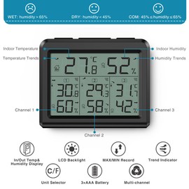 Ankilo Indoor Outdoor Thermometer, Digital Hygrometer Thermometer with 3 Wireless Sensors, Temperature Humidity Monitor Meter with LCD Display, Humidity Gauge for Bedroom, Office