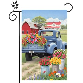 Spring Colorful Flowers Truck Flower Basket Garden Flag 12x18 Double Sided Burlap Home Outdoor Yard Garden Flag Spring Summer Decoration