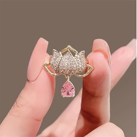 Pink Lotus Flower Rhinestone Brooch Crystal Drop Brooch Pin Elegant Lotus Full Crystal Flower Brooch Pin Lady Plant Brooch for Women Clothing Accessories Wedding Daily Jewellery Gifts, Metal