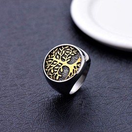 HIJONES Mens Stainless Steel Religious Vintage Classic Tree of Life Signet Rings Round for Anniversary Silver Gold Size Z