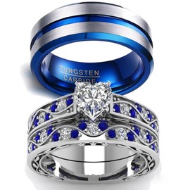 LOVERSRING - Juego de anillos de novia para parejas, para mujer, con relleno de oro blanco de 10 quilates, para hombre, carburo de tungsteno, anillo de compromiso, Piedra Cristal, Ágata