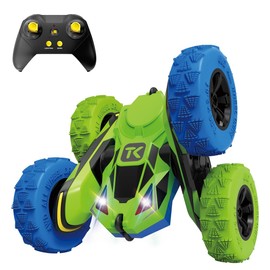 Threeking RC Stunt Cars Remote Control Car with Lights Double-Sided Driving 360-degree Flips Rotating Car Toy Gifts Presents for Kids Ages 6+, Green+Blue