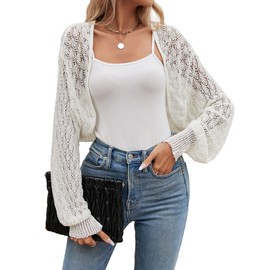 Famulily Ladies Casual Open Front Crop Cardigans Soft Hollow Out Loose Summer Sunproof Tops Cardigans Cover Ups White L