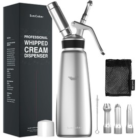 SimCoker Whipped Cream Dispenser,Aluminum 500ml Whipped Cream Maker,3 Decorating Nozzles,1 Brush,1 Storage Bag,withou N2O Chargers,Sliver
