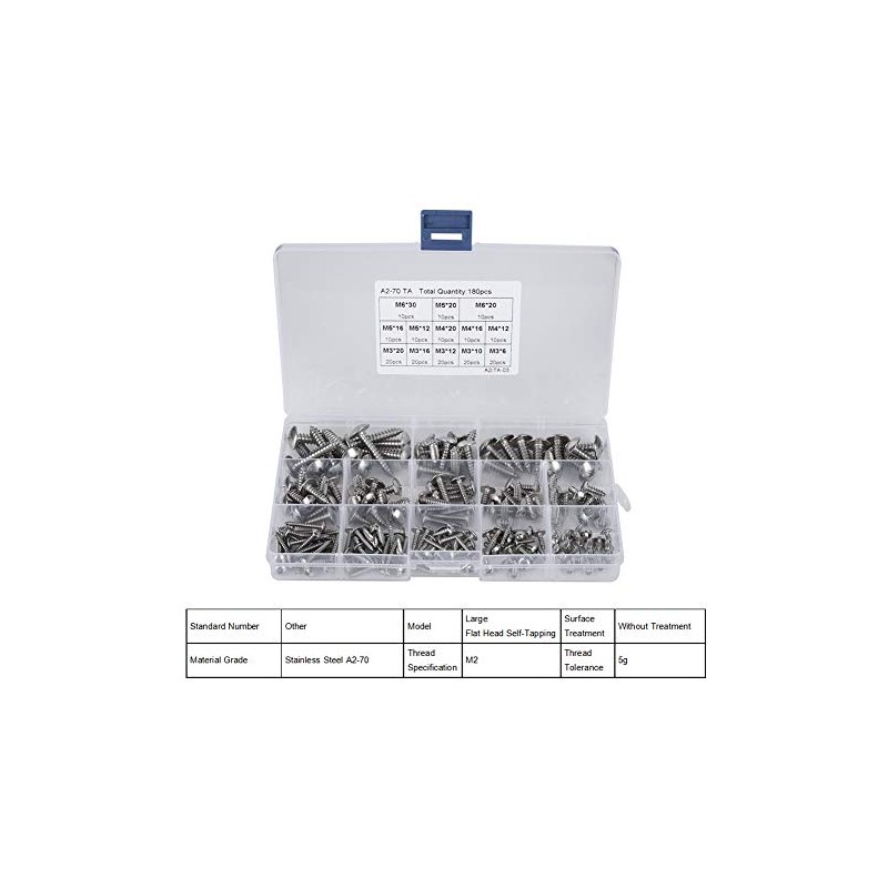 180 Pieces M3 M4 M5 M6 Stainless Steel Flat Head