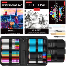 Soucolor Art Supplies, 76 Pack Drawing Set Sketching Kit, Box for Artist Adult : 3-Color Sketchbook, Watercolor Pad, Coloring Book, Charcoal Colored Watercolor Metallic Pencils