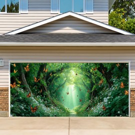 13x6 ft Enchanted Forest Path Garage Door Banner - Sunlit Tree Tunnel with Butterflies & Light Rays Backdrop, Hanging Nature Decor for Garden or Patio, Serene Outdoor Wall Art