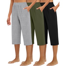 Huukeay 3 Pack Women's Capri Sweatpants, Cozy Wide Legs Cropped Capri with Pockets, Lounge Jogger Pants Workout Yoga Solid(Large,Black, Light Gray, Army Green)
