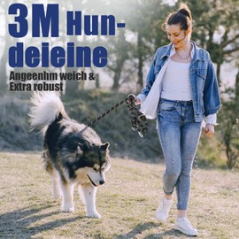 Dog Lead for Large and Medium Dogs, Adjustable Dog Lead 3 m with Reflective Strips, Nylon Double Lead, Thickened Free Leads with 2 Carabiners Thanks to the Extreme Force up to 200 kg (Black)