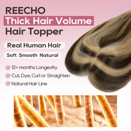 REECHO Human Hair Toppers with Bangs, Thick Hair Volume Topper Hairpiece for Women Real Human Hair Extensions for Daily Wear, Chestnut Brown with Highlights