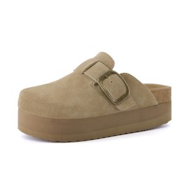CUSHIONAIRE Women's Granola *Previous Buckle Issue Fixed* Genuine Suede Cork Footbed Platform Clog, +Comfort, Wide Widths Available, Khaki 10