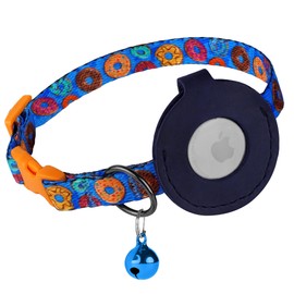 Airtag Cat Collar with Bell - Non Breakaway Soft Pet Collar with Leather Air Tag Holder - Adjustable GPS Anti-Lost Collars for Girl Boy Cats Kitten Puppies, Lightweight and Patterned (Donuts)