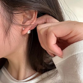 Cute Bead Ball Double Sided Front Back Stud Earrings for Women Teen Girls 925 Sterling Silver Cartilage Sleeper Ear Jackets Studs Earring Fashion 2 in 1 Jewelry Gifts for Daughter BFF