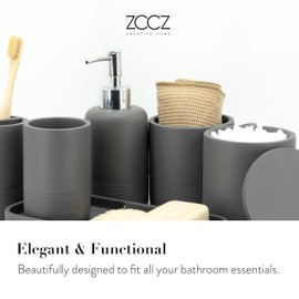 ZCCZ - Grey Bathroom Accessories Set 6 Pcs - Toothbrush Holder, Lotion Soap Dispenser, 2 Qtip Holder Dispenser, Vanity Tray, Bathroom Tumbler - Decorative Countertop Vanity Organizer