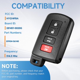 Smart Proximity Key Fob Replacement Fits for Toyota Camry Avalon Corolla 2012 2013 2014 2015 2016 2017 2018 Keyless Entry Remote Control 314.3 Mhz P/N:89904-06140 FCC:HYQ14FBA