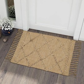 Hausattire Small Jute Boho Rug 2'x3' - Natural Brown, Non Slip Geometric Trellis Farmhouse Area Rugs for Entryway, Kitchen, Patio Mat | Outdoor Indoor Rustic Throw Carpet for Front Door - 24x36 Inch