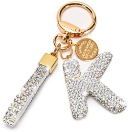 Initial Letter Keychain for Women Girls, Bling cute KeyChain for Car Key Accessories Lanyard and Backpack Bag，Perfect Gift, White-k, Small