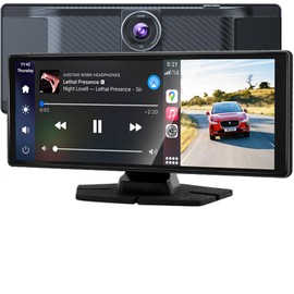 10.26’’ Portable Wireless Apple CarPlay Screen for Car, Portable Car Stereo with CarPlay & Android Auto, 4K Front Dash Cam and 1080P Backup Camera, Support Navigation, Mirror Link,Voice Control(Brown)