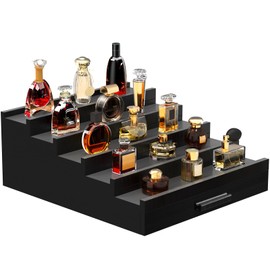 Zalida Wooden Cologne Organizer for Men 5 Tier of Perfume Display Holder of Drawer & 2 Hidden Compartments Larger Storage Space Mens Perfume Organizer Shelf Stand,Gift for Man (5T-Black)