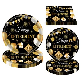 QYCX 52 Pcs Retirement Tableware Retirement Plates Napkins Retirement Party Decorations Retirement Party Supplies Black Gold Retirement Dinnerware for Retirement Farewell Party Supplies for Women Men