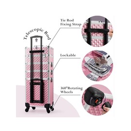 SCIKHEFT 5 in 1 Professional Makeup Train Case Aluminum Cosmetic Case Rolling Makeup Case Extra Large Trolley Makeup Travel Organizer, with 360° Swivel Wheels (diamond pink)