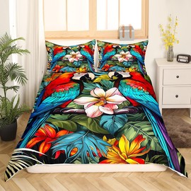 Jungle Parrot Kids Duvet Cover Set Queen Size,Tropical Flowers Botanical Plants Palm Leaves Bedding Set,Boys Girls Room Decor,Wild Birds Animals Comforter Cover,Blue Green Quilt Cover,2 Pillowcases