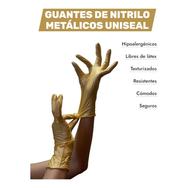 Guantes Nitrilo Metálicos Dorado Uniseal Sn Látex 100 Pzas