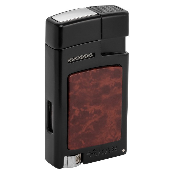 Xikar Forte Jet Flame Lighter, Fold-Out 7mm Cigar Punch, Red Hue Fuel Gauge, Hot Rod Inspired Design, Decorative High-Touch Insert, Black with Burl Inserts